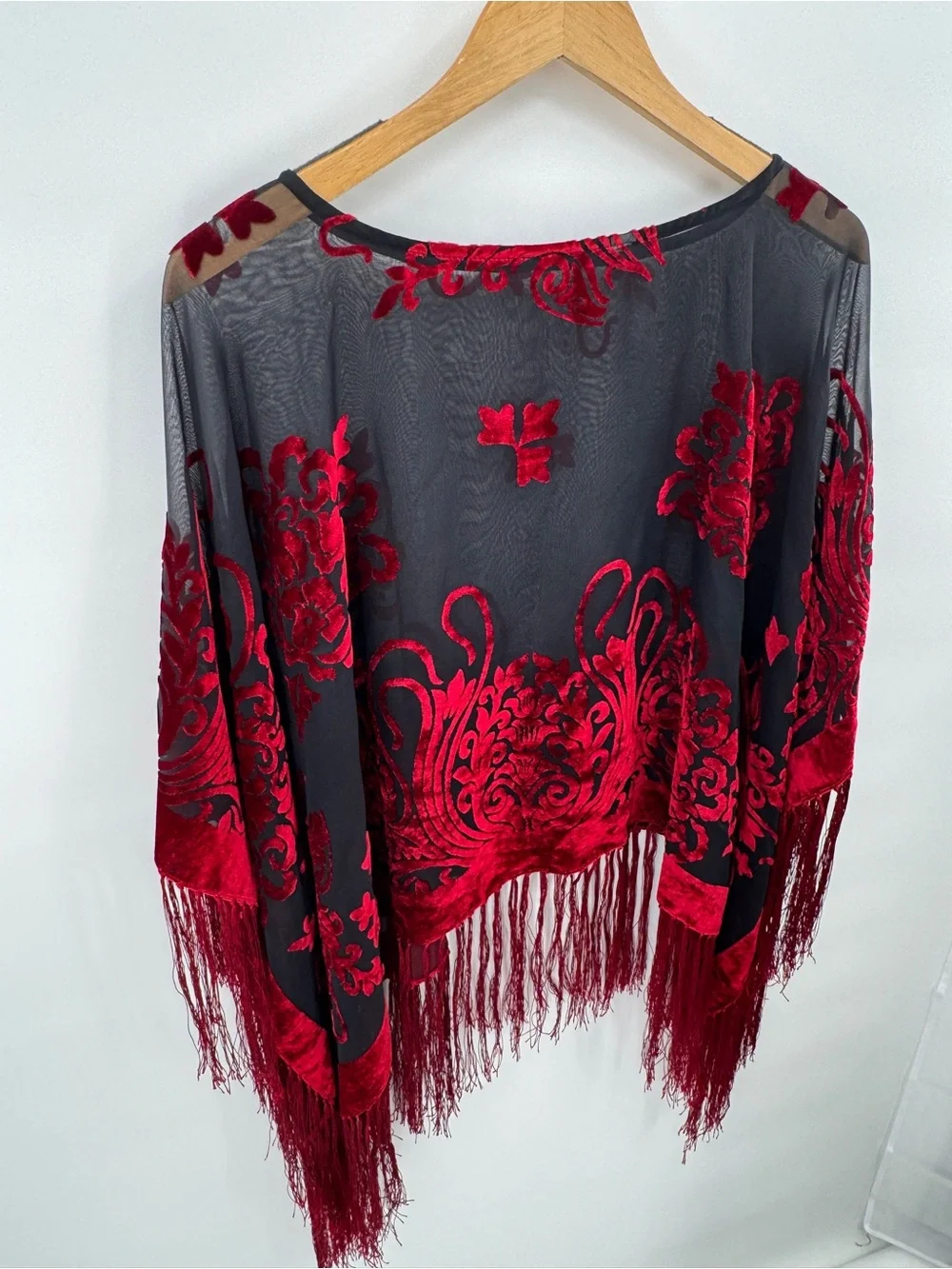 Whimsigoth Burnout Velvet Fringe Trim Poncho Fairy Goth Boho Hippie Black & Red